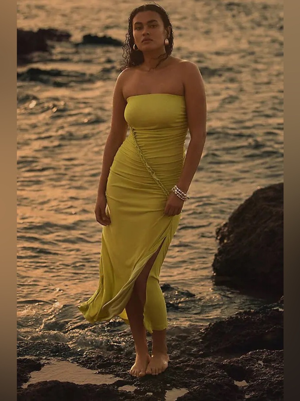 Celandine by Anthropologie Gabbie Strapless Ruched Tube Dress Chartreuse Green M